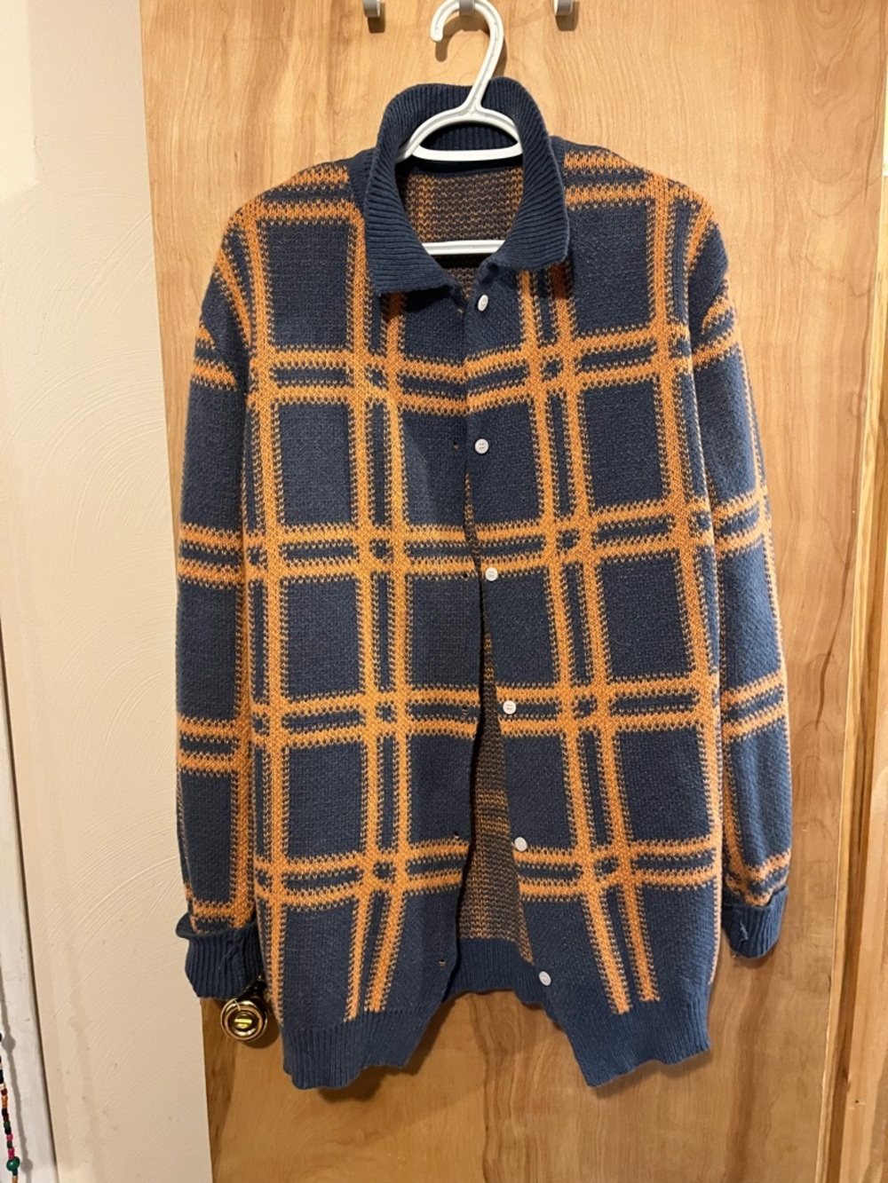Blue and Mustard Plaid Knit Cardigan Sweater